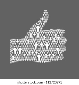 Vector background with the hand of thumbs up symbol, which is composed of people icons. Abstract dark illustration with white silhouettes of person, sign like. Social media concept for web template