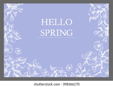 Vector background with hand-draw spring flowers. Hello spring. Layout, mockup design for cosmetics, label, store, natural and organic products