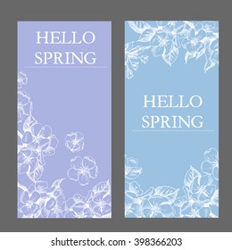 Vector background with hand-draw spring flowers. Hello spring. Layout, mockup design for cosmetics, label, store, natural and organic products