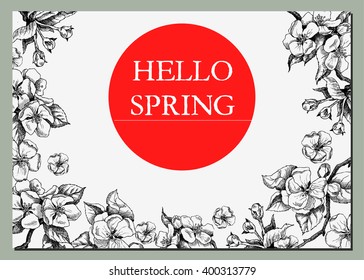 Vector background with hand-draw spring flowers. Hello spring. Layout, mockup design for cosmetics, label, store, natural and organic products
