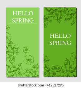 Vector background with hand-draw spring flowers. Hello spring. Layout, mockup design for cosmetics, label, store, natural and organic products