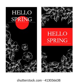 Vector background with hand-draw spring flowers. Hello spring. Layout, mockup design for cosmetics, label, store, natural and organic products
