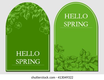 Vector background with hand-draw spring flowers. Hello spring. Layout, mockup design for cosmetics, label, store, natural and organic products