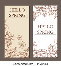 Vector background with hand-draw spring flowers. Hello spring. Layout, mockup design for cosmetics, label, store, natural and organic products