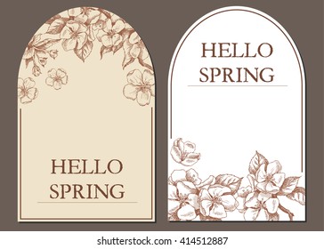 Vector background with hand-draw spring flowers. Hello spring. Layout, mockup design for cosmetics, label, store, natural and organic products