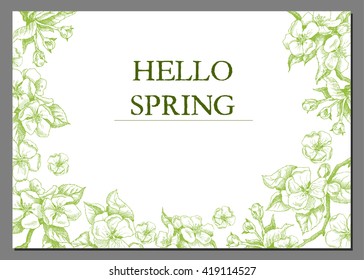 Vector background with hand-draw spring flowers. Hello spring. Layout, mockup design for cosmetics, label, store, natural and organic products