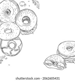 Vector background with hand-drawn bagels. Sketch  illustration.