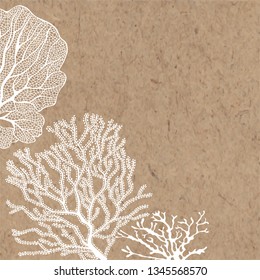 Vector background with hand-drawn corals on kraft paper. Botanical illustration with water plants and space for text, can be used creating card or invitation card. Corner composition.