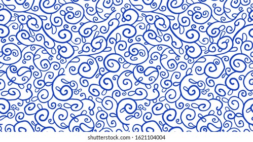 Vector background of hand-drawn curls and lines. Blue wavy seamless pattern. Ornate vector background