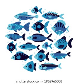 Vector background with hand-drawn cute fishes. Round composition. Organic flat style. Black and blue color palette.