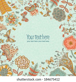 Vector background with hand-drawn flowers and butterflies. Use for advertising, packaging, ads, postcards, invitation. Colored background for summer design.