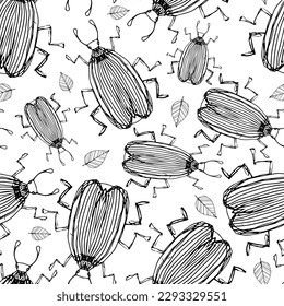 Vector background with hand-drawn illustrations of insects. Drawing fly beetle moth. Entomological seamless pattern.