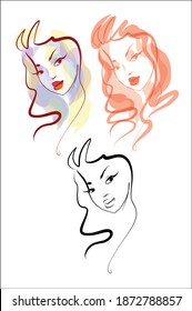VECTOR Hintergrund mit einer stilvollen, handgezeichneten Skizze-Porträtgrafik mit schönem jungen Mädchen-Design für das Beauty-Logo. 