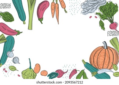 Fondo vectorial con verduras hechas a mano. Dibujo ilustrativo.  