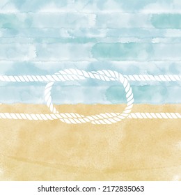 Fondo vectorial con olas acuáticas hechas a mano, arena de playa y nudo. Ilustración con espacio para texto, se puede utilizar para crear tarjeta o tarjeta de invitación. Marco creativo sobre el tema marino.