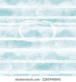 Vector background with hand-drawn waves and knot on blue watercolor background. Illustration with space for text, can be used creating card or invitation card.