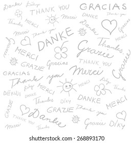 Vector background  with a handwritten thnak you in English, German, French, Spanish, Italian and Czech - "Thank you", "Danke", "Gracias", "Grazie", "Merci", "Dekuji". Eps 10.