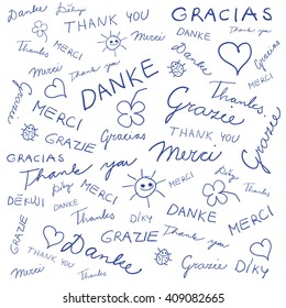 Vector background with a handwritten thnak you in English, German, French, Spanish, Italian and Czech - "Thank you", "Danke", "Gracias", "Grazie", "Merci", "Dekuji". Eps 10.