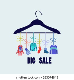 Vector Background of Hanger with fashion winter clothing  and accessories - Illustration . Fashion boutique.