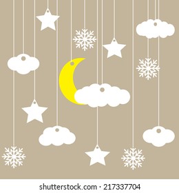 Vector background with hanging clouds, moon, stars and snowflakes/ Christmas card