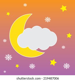 Vector background with hanging clouds, moon, stars and snowflakes/ christmas card