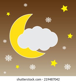 Vector background with hanging clouds, moon, stars and snowflakes/ christmas card