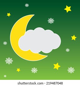 Vector background with hanging clouds, moon, stars and snowflakes/ christmas card