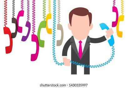 Vector background with hanging colored classic phones and flat cartoon businessman hold classic phone with cable. Isolated on white background.