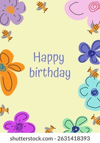 Vector background with Happy Birthday lettering, flowers and bees, perfect for cards, invitations and spring-themed designs.