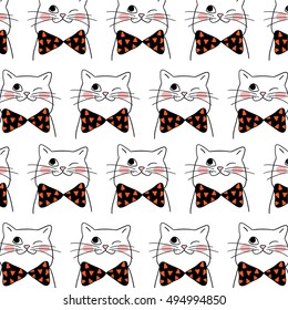 Vector background happy cat in Halloween day with big bow tie.Doodle style.