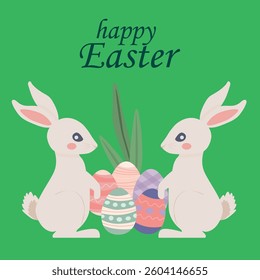 Vector background with Happy Easter text, colored eggs and bunnies.