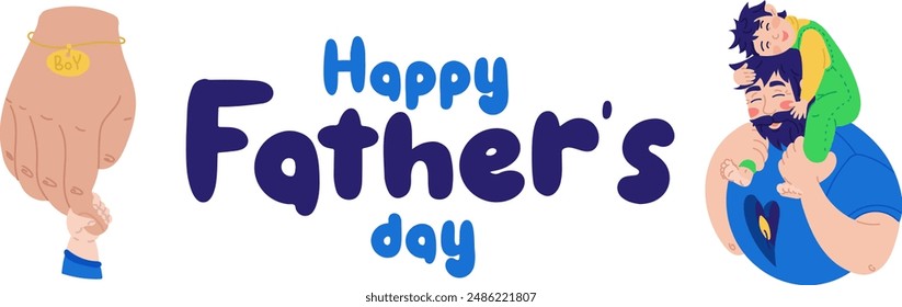 Vector background with happy fathers day, web banner, poster. Dad holds the boy on his shoulders in the heart of the fire. Warm hugs, love, tenderness. A large hand with a bracelet holds a small one