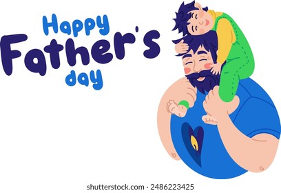 Vector background with happy fathers day, web banner, poster. Dad holds the boy on his shoulders in the heart of the fire. Warm hugs, love, tenderness. Blue isolated characters. The text is horizontal