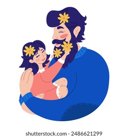 Vector background with happy fathers day, web banner, poster. Dad holds a girl in his arms with flowers in her hair. Warm hugs, love, tenderness. Pink and blue isolated character. Cute illustration