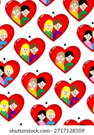 Fondo de Vector con retratos de amantes felices en marcos en forma de corazón Textura romántica sin fisuras para tarjetas de felicitación Diseño textil de aniversario y scrapbook
