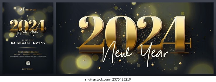 Vector background happy new year 2024. With illustration of luxury gold numbers. Poster for 2024 happy new year party invitation.