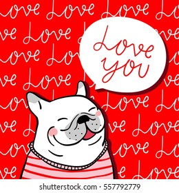 Vector background of happy pug dog valentine in red backdrop word love.