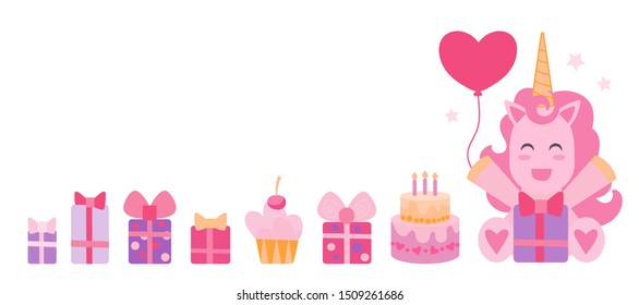 Vector background with happy unicorn and gifts.