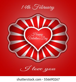 Vector background of Happy Valentine's Day with red heart cut from paper with shadow and red rays in frame.