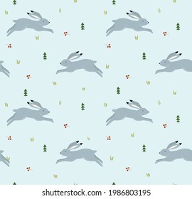 Vector background with hares. Spring background. Hares in the forest. Can be printed on fabric, paper