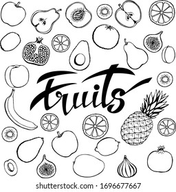 Vector background of healthy food. Poster or banner with hand-made fruit and lettering fruits.