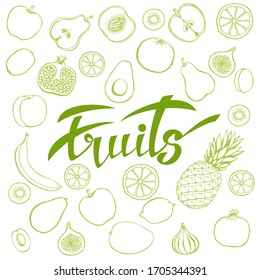 Vector background of healthy food. Poster or banner with hand-made fruit and lettering fruits.