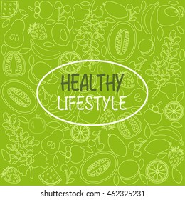 vector background healthy food poster or banner with hand drawn fruits on green backdrop.