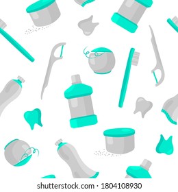 Vector background of healthy teeth elements. Toothbrush, mouthwash, toothpaste, tooth powder, dental floss. Dental background.