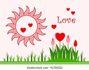vector background with heart flowers in grass and sun