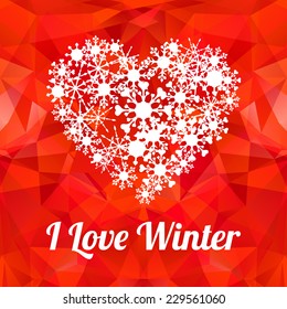 Vector background with heart made of snowflakes, happy valentines day card template, happy new year, merry Christmas card on red polygon background. You can use it as a card or invitation