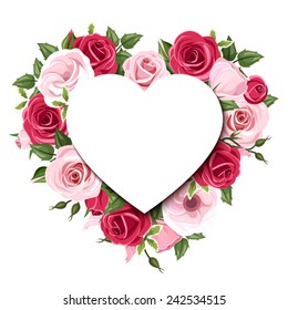 Vector background with heart and red and pink roses and lisianthus flowers.