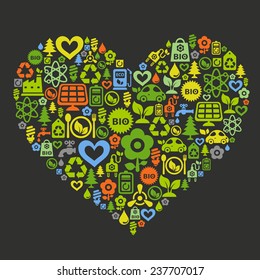 Vector background with heart shape contained of ecology icons