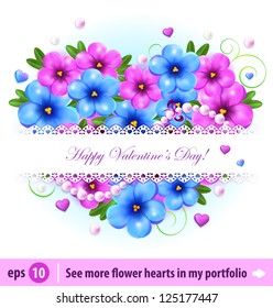 Vector background with heart of violet and blue flowers. Valentine's day. Easy to edit. Perfect for invitations or announcements.