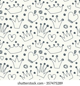 Vector background with hearts and crowns. Seamless pattern in the style of children's drawings.